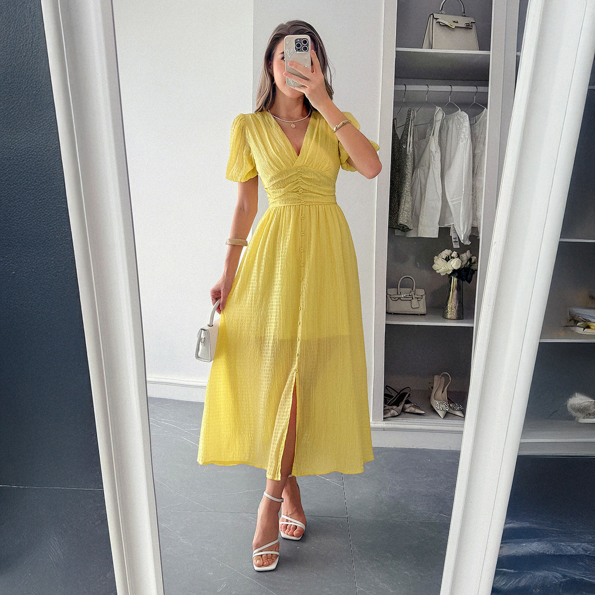 Women's Pleated Deep V-Neck Maxi Dress – Elegant Flowy Summer Dress