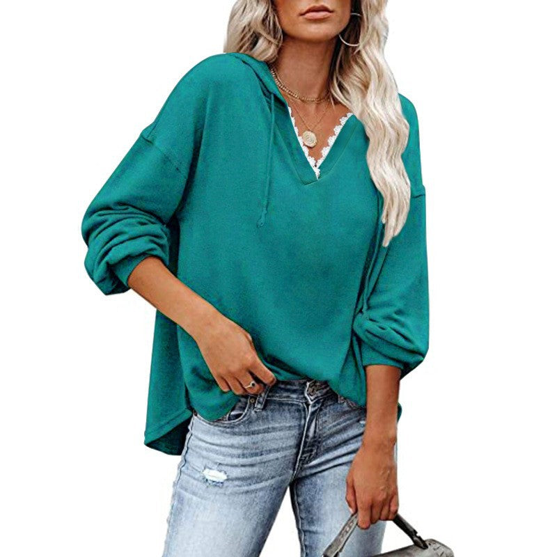 Women's Hooded Lace Sweatshirt - V-Neck Long Sleeve Casual Pullover