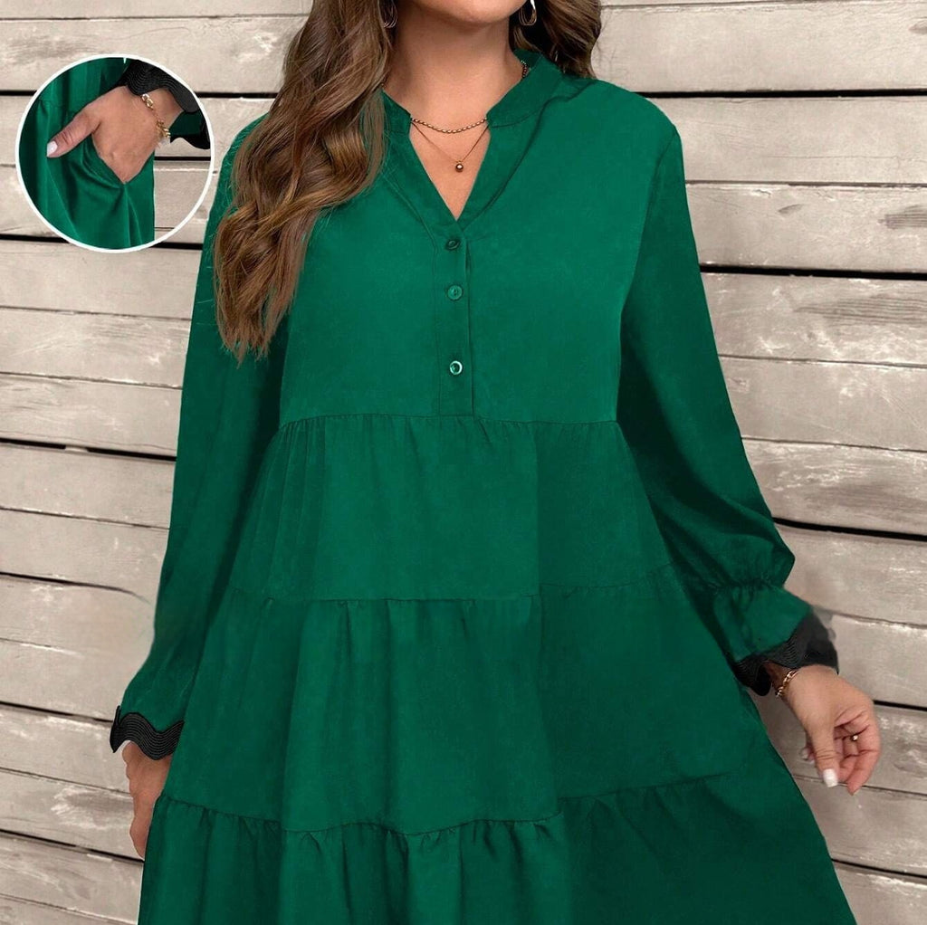 Women's Spliced V-Neck Midi Dress - Relaxed Long Sleeve Everyday Style