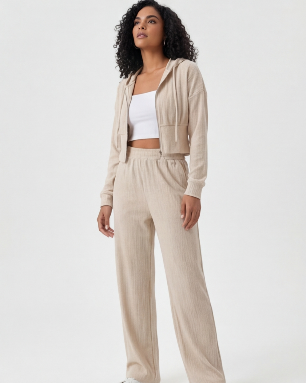 Women’s Stylish Crop Top and Pants Set – Casual Hooded 2-Piece Outfit