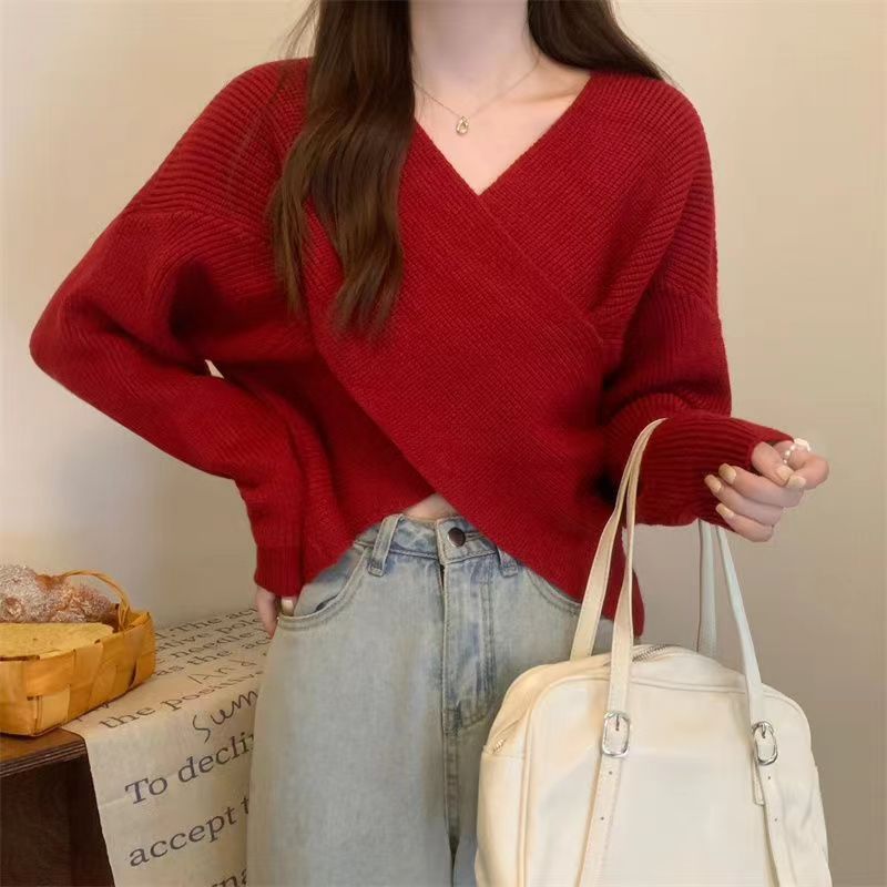 Cross V-Neck Off-Shoulder Knit Pullover - Soft and Feminine