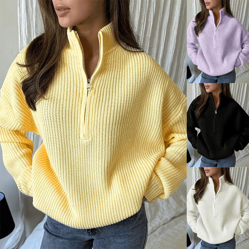 Women's Zip-Up Knit Pullover - Relaxed Soft Everyday Outerwear