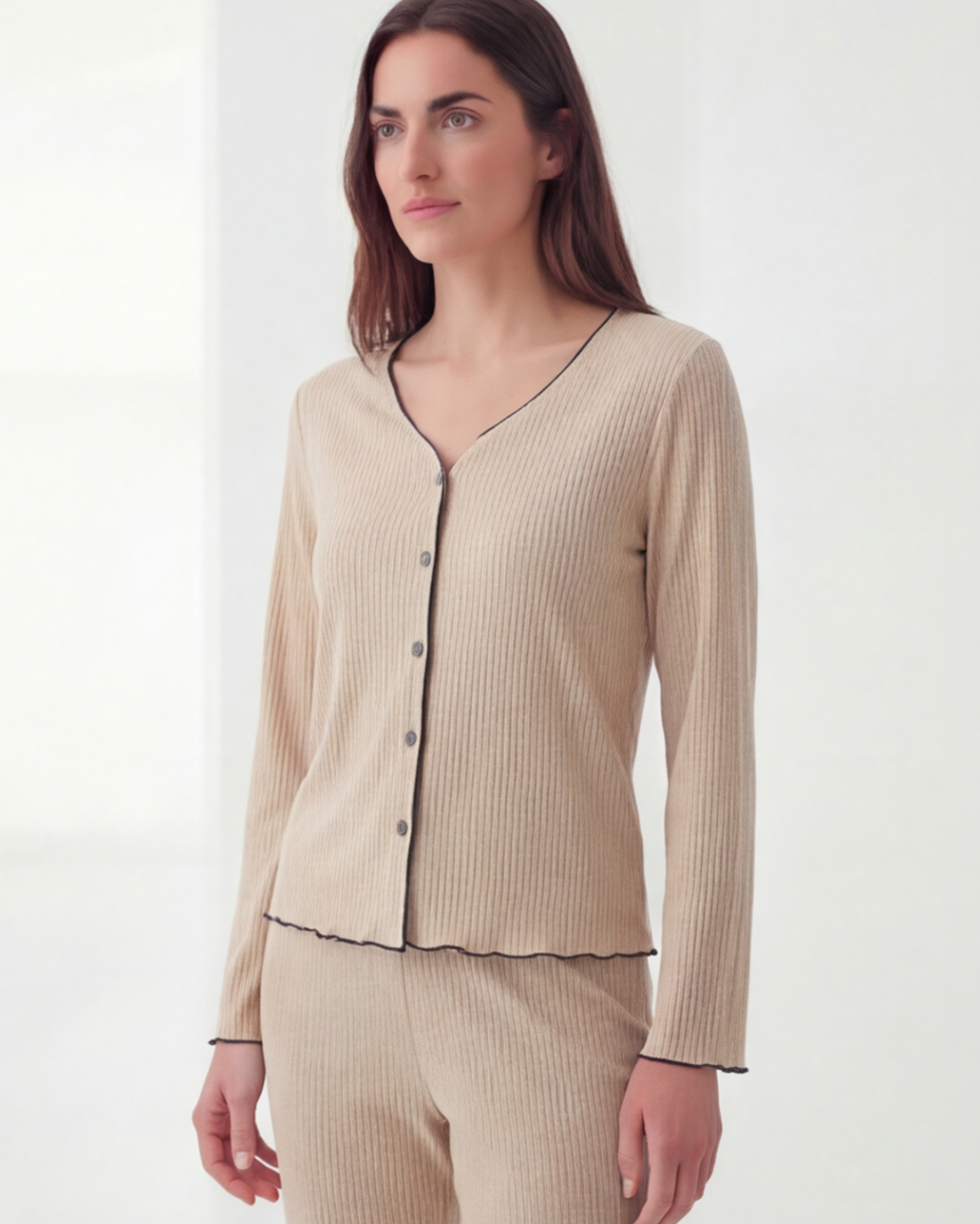 Women’s Ribbed Button-Down Pajama Set – Comfort Long Sleeve Top and Pants