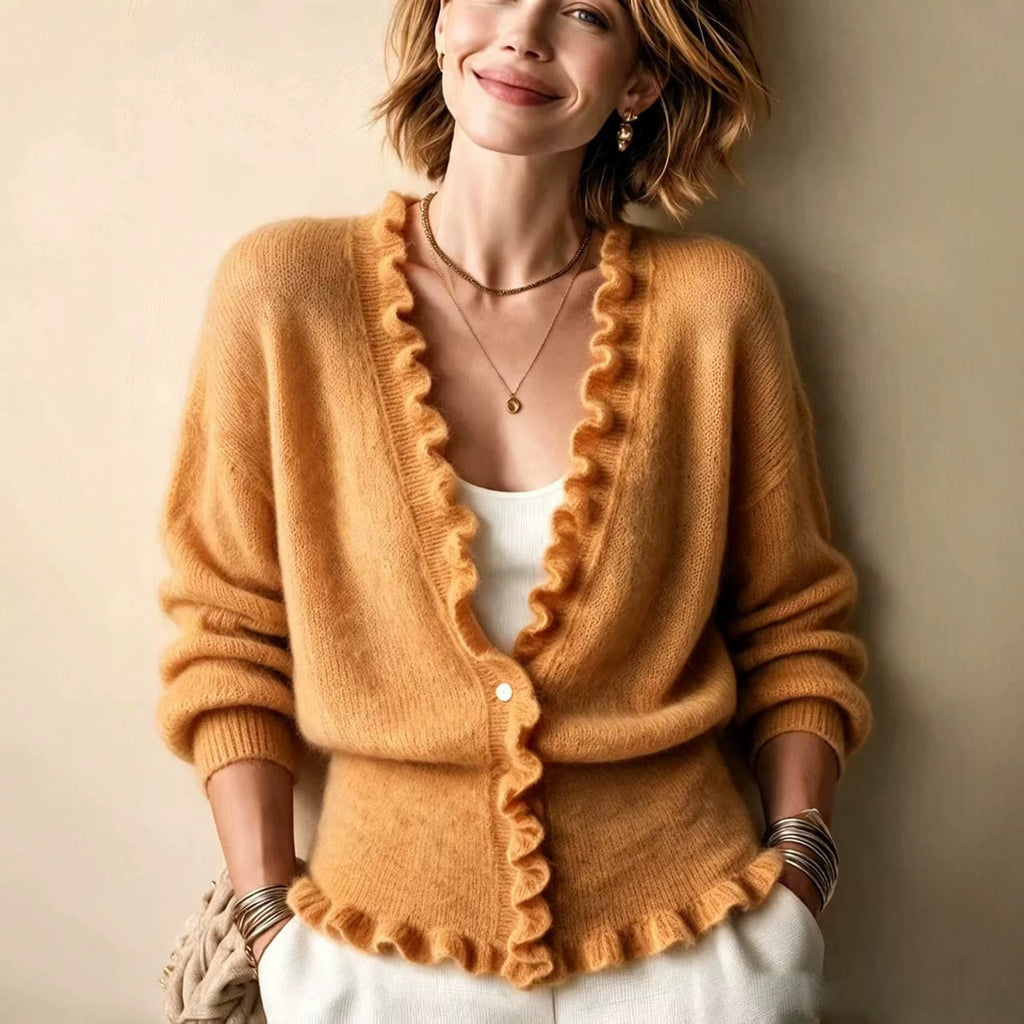 V-Neck Ruffle Hem Cardigan - Soft and Feminine