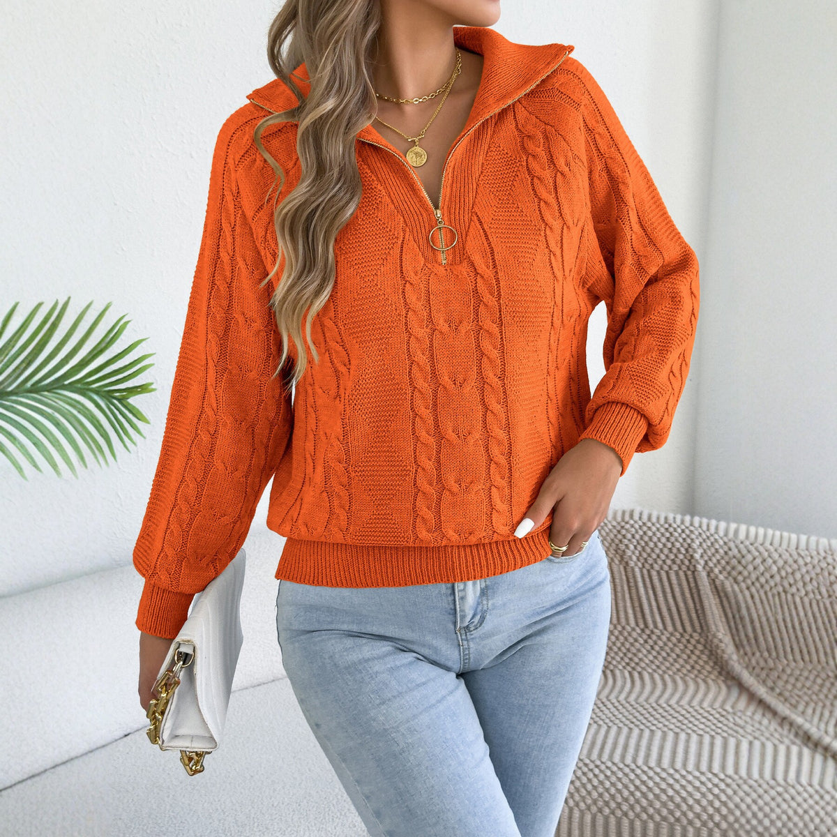 Cable-Knit Zip Collar Sweater - Cozy and Practical
