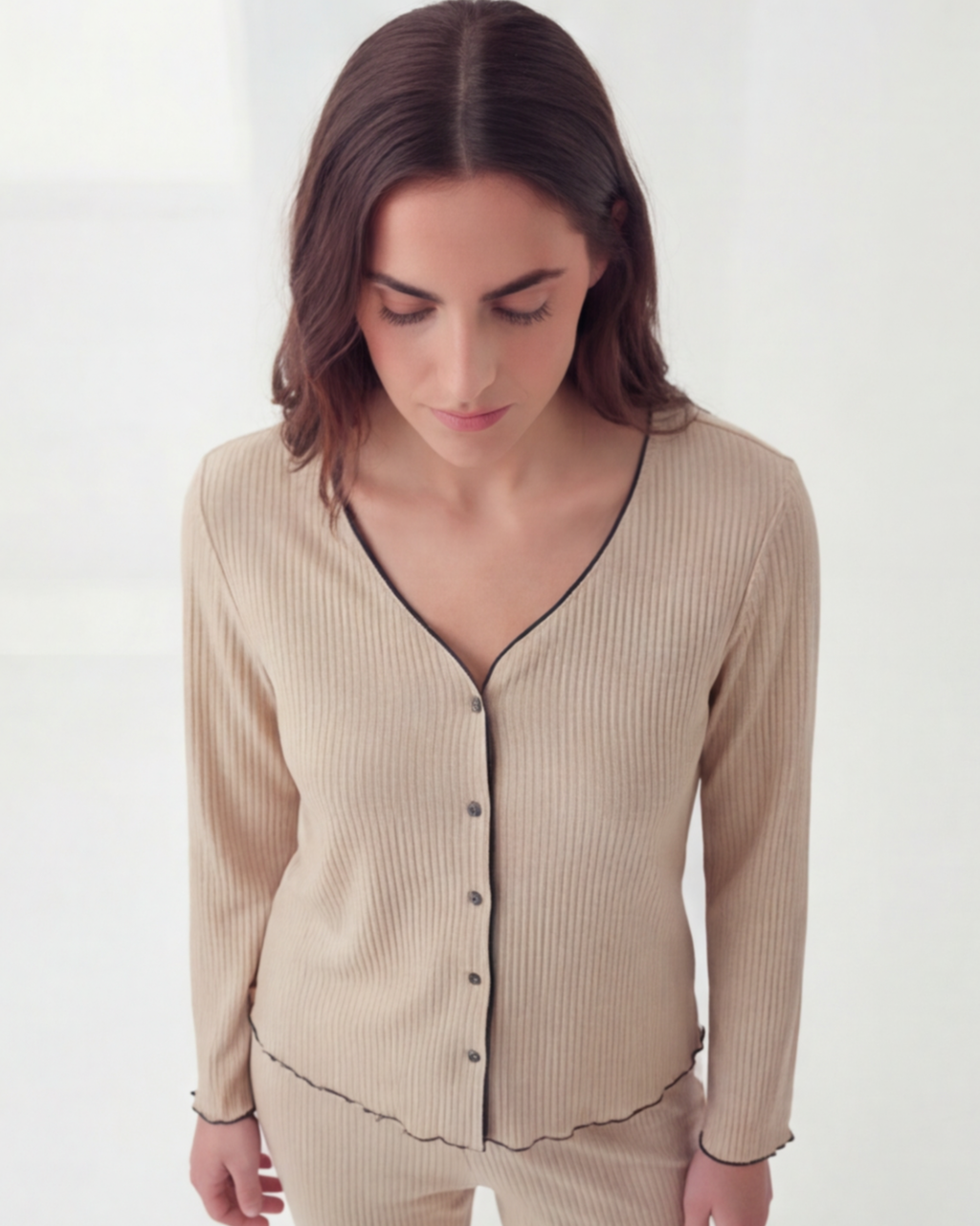 Women’s Ribbed Button-Down Pajama Set – Comfort Long Sleeve Top and Pants