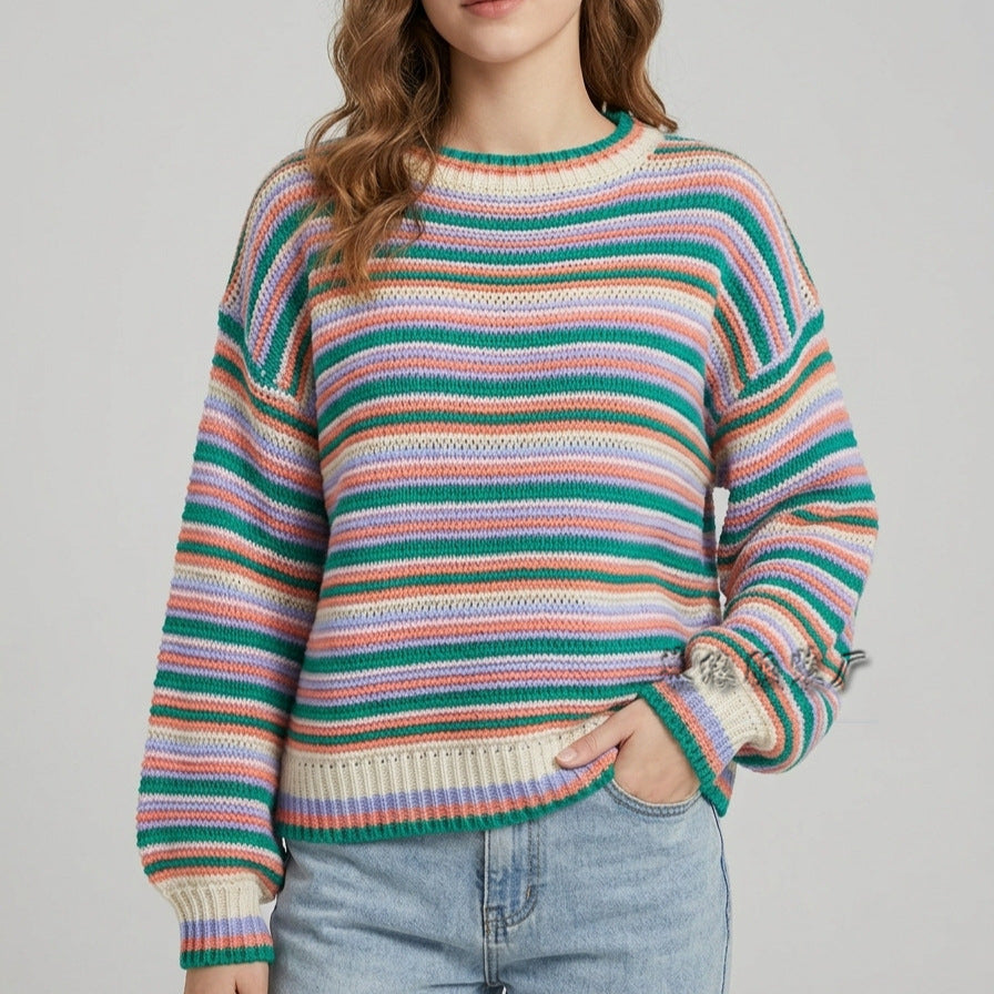 Women’s Striped Crew Neck Knit Sweater – Loose-Fit Cozy Casual Style