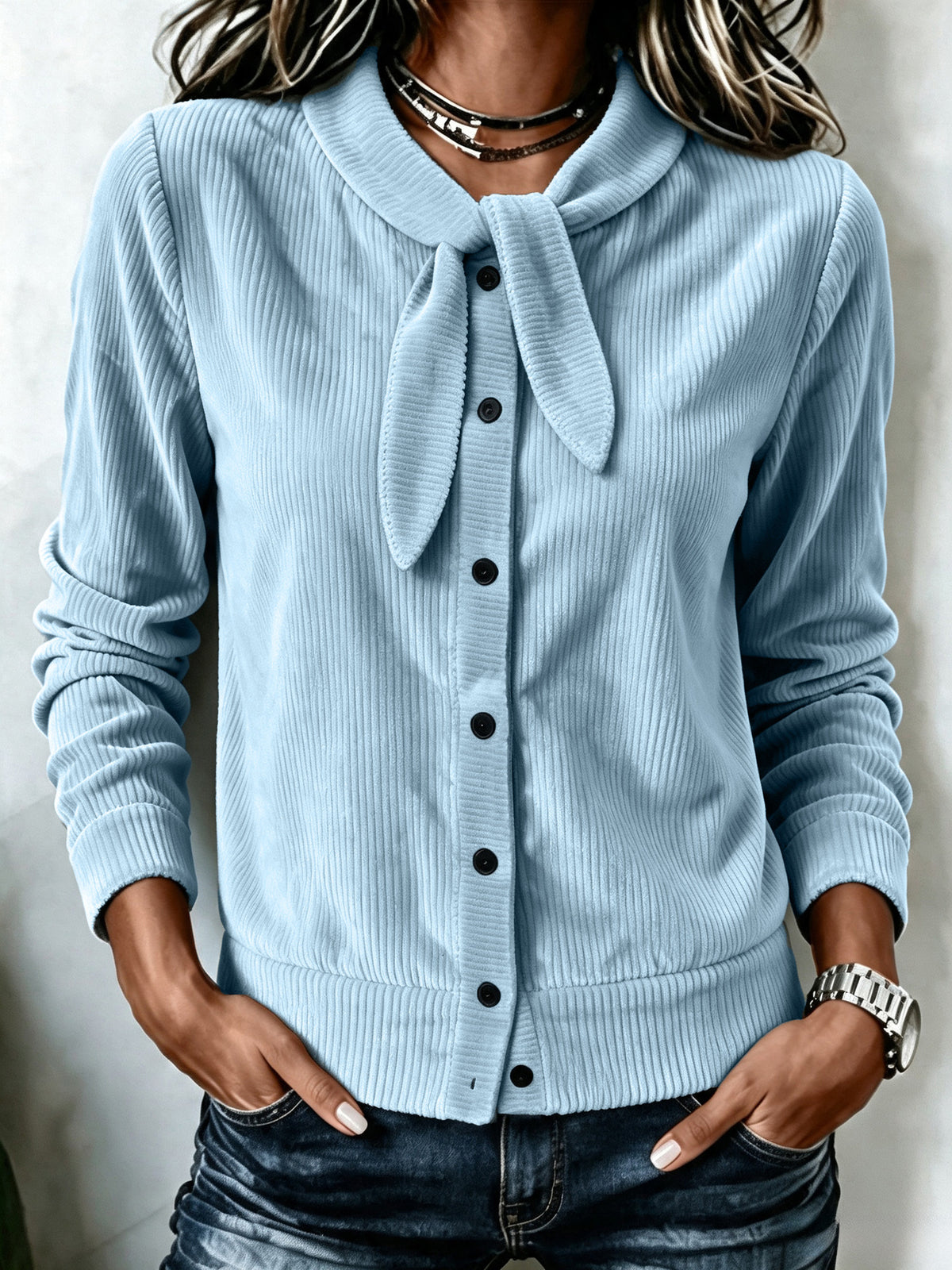 Women's Button Detail Bow Knit Sweater - Soft Feminine Layer
