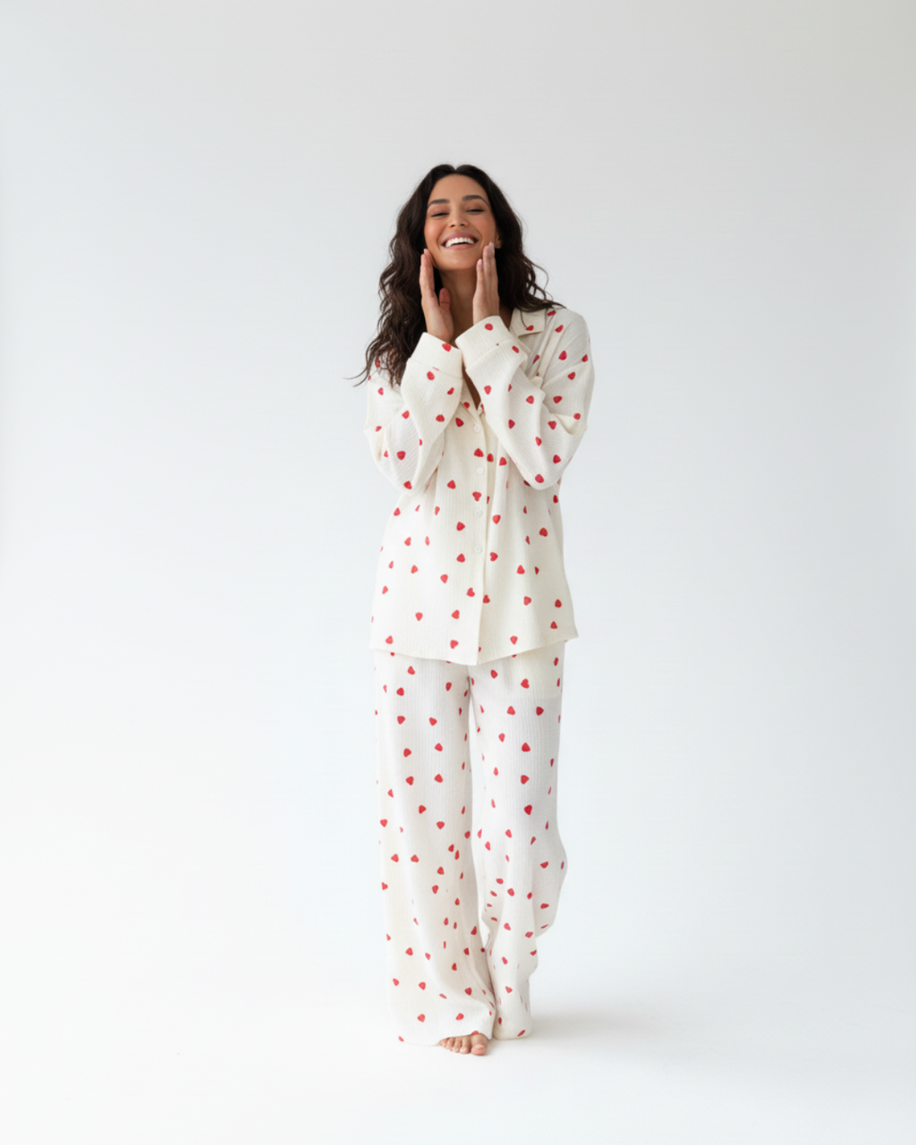 Women’s Long Pajama Set – White Pajamas with Red Heart Print, Button-Up Top & Pants Sleepwear