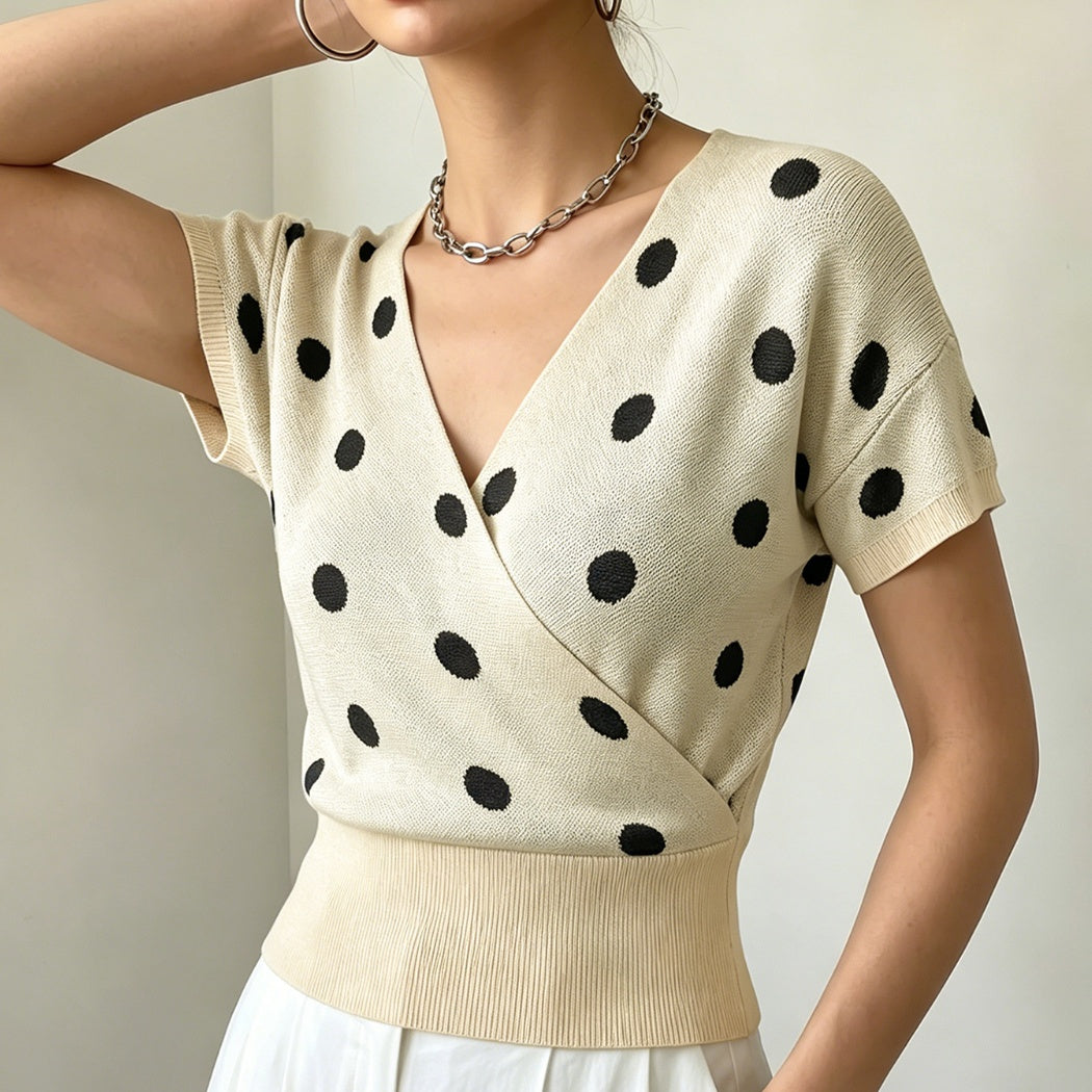 Polka-Dot V-Neck Knit Top - Light and Feminine