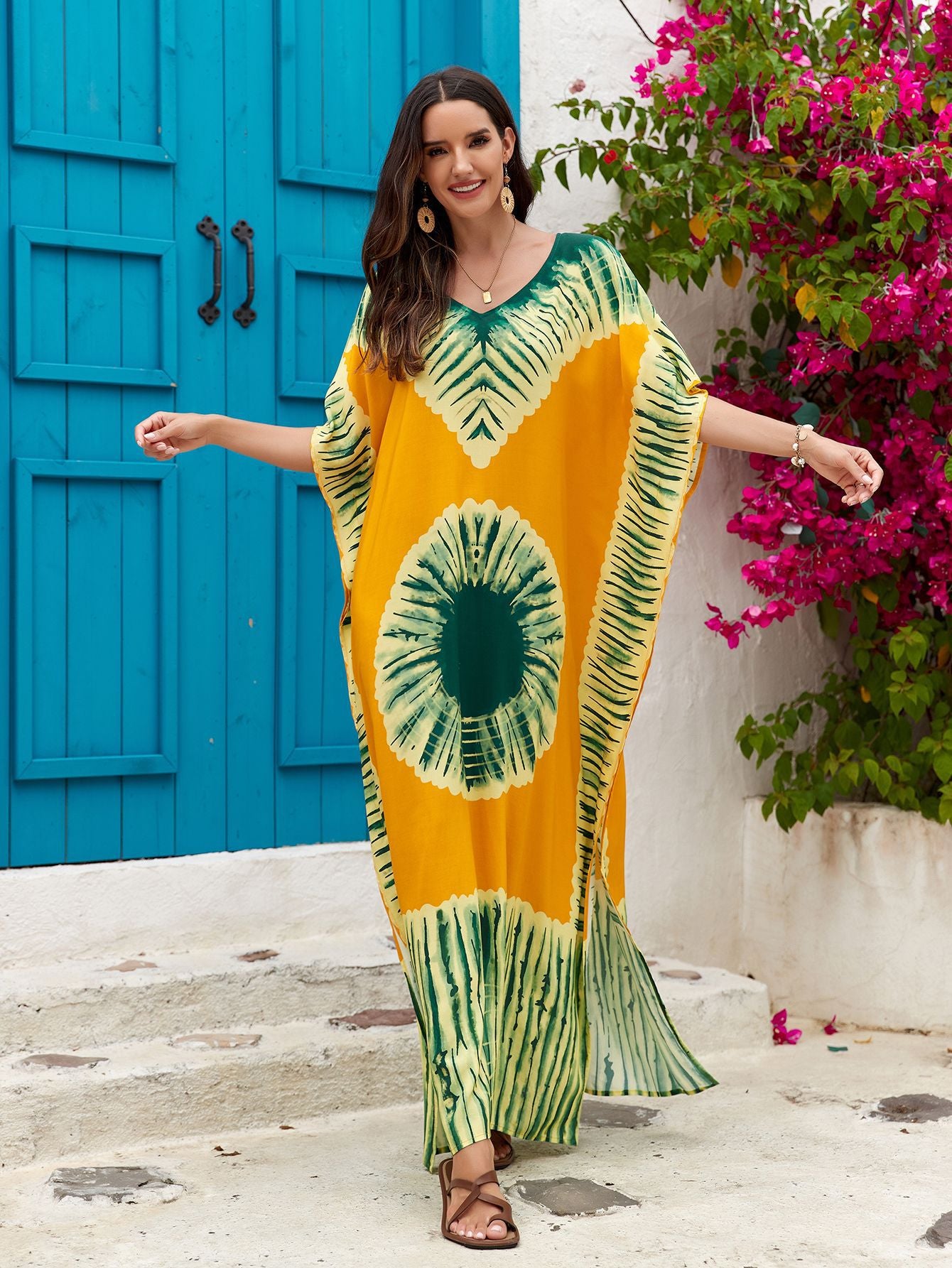 Women's Printed V-Neck Maxi Holiday Dress - Relaxed One Size Daywear