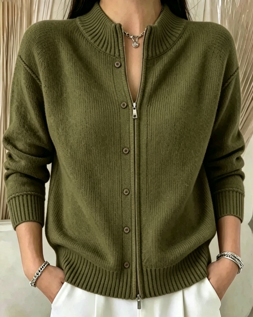Zip-Up Crewneck Knit Sweater - Soft and Modern