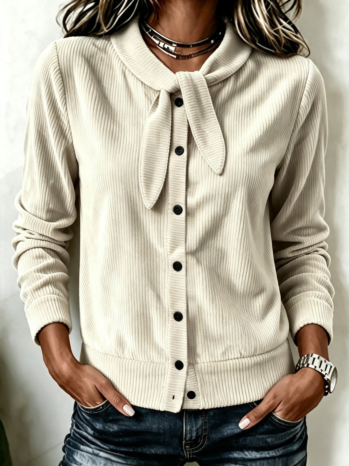 Women's Button Detail Bow Knit Sweater - Soft Feminine Layer
