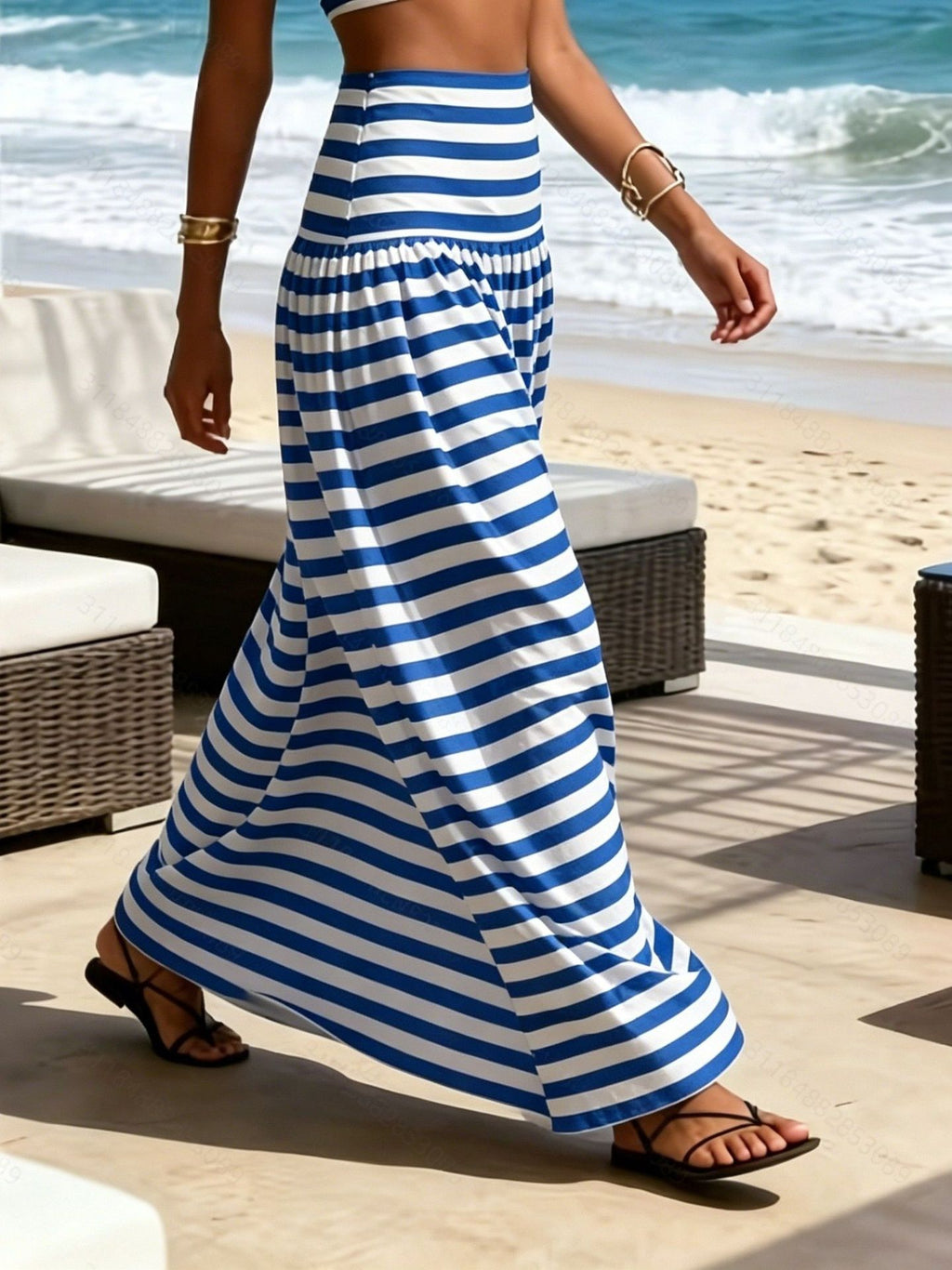 Women's Striped High-Waisted Midi Skirt – Breezy Beach Vacation Style