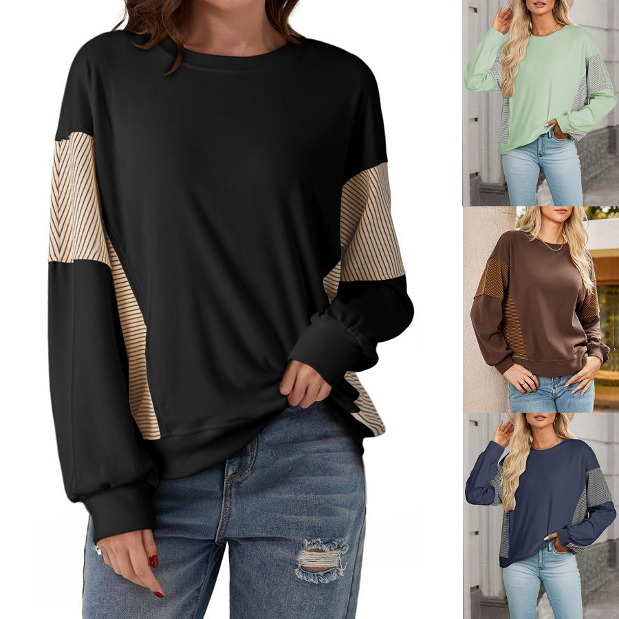 Women’s Color-Blocked Striped Sweatshirt – Casual Crew-Neck Long-Sleeve Sweater
