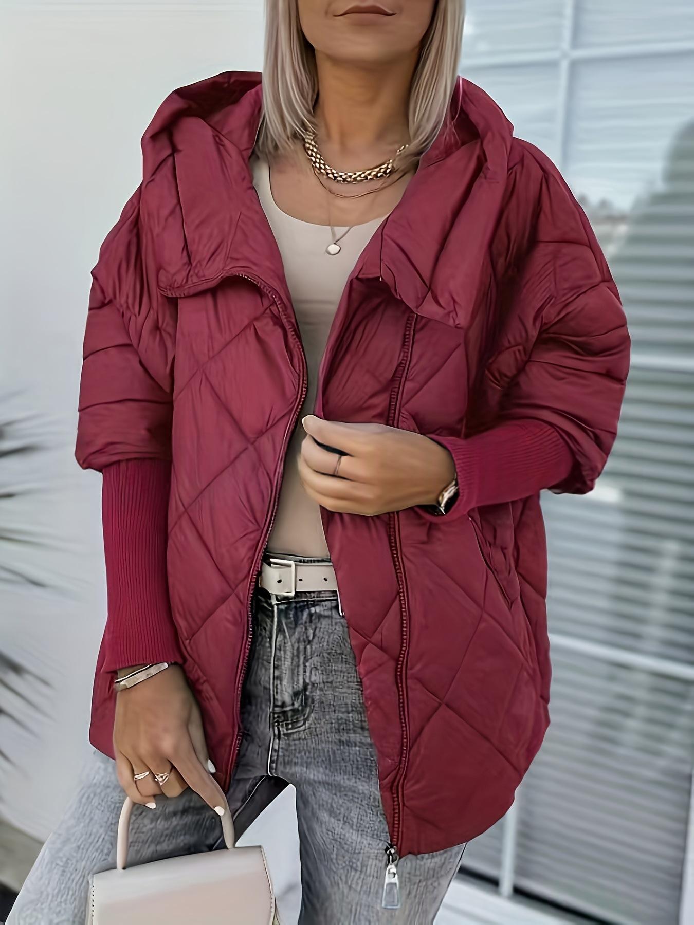 Women’s Hooded Zip-Up Puffer Jacket – Chic Patchwork Warm Winter Style
