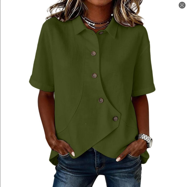 Women's Irregular-Button Blouse – Relaxed Short-Sleeve Everyday Top