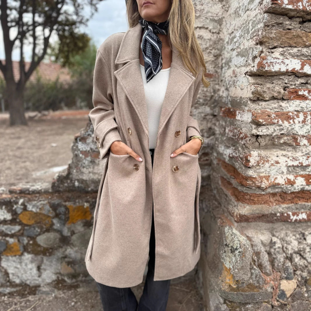 Women’s Autumn Winter Lace-Up Cardigan Coat – Casual Long Sleeve Lapel Wool Blend with Pockets