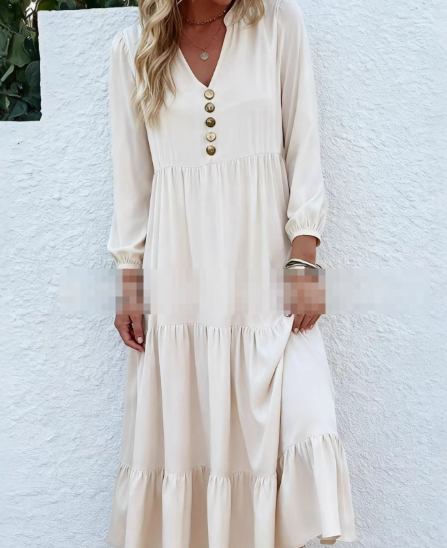 Women's Long Sleeve Midi Dress – Elegant Round Neck Day Dress