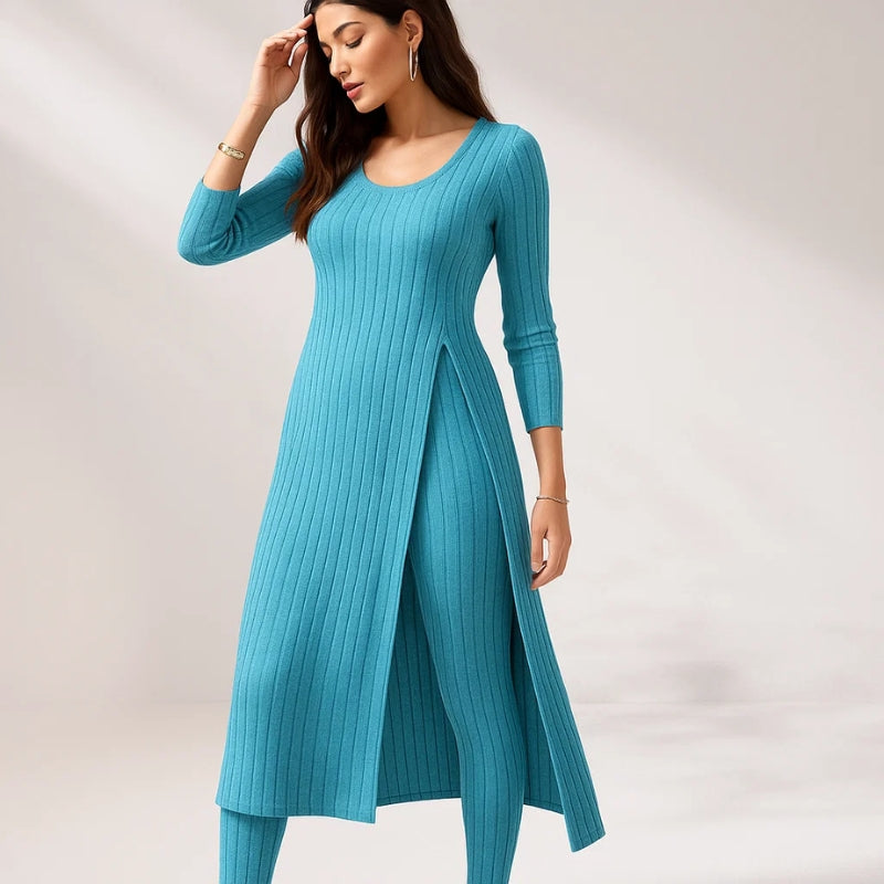 Women’s Ribbed Two-Piece Set – Split-Hem Longline Top and Wide-Leg Matching Pants