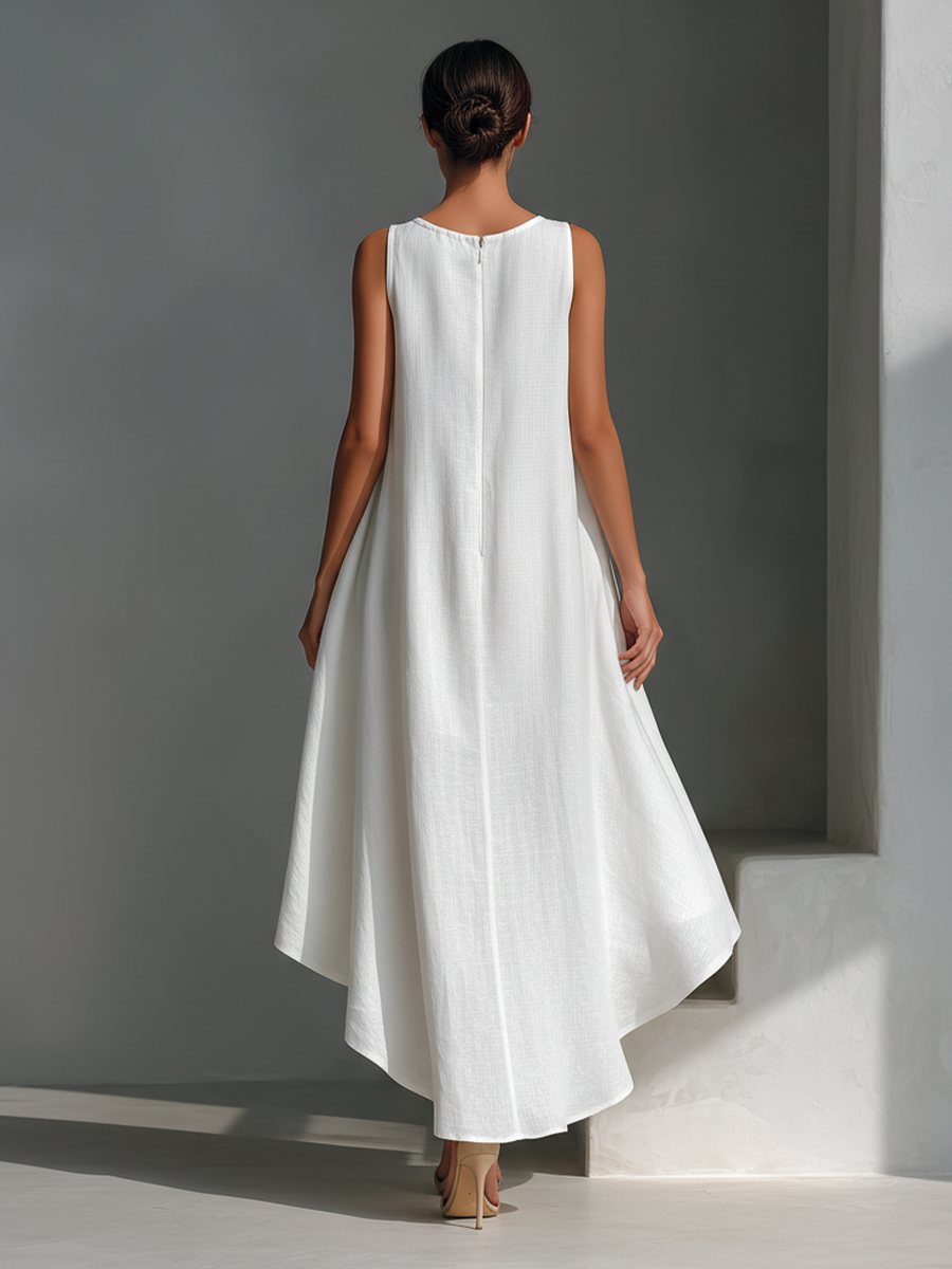 Women's Sleeveless Linen Midi Dress - Round Neck Asymmetric Hem Style