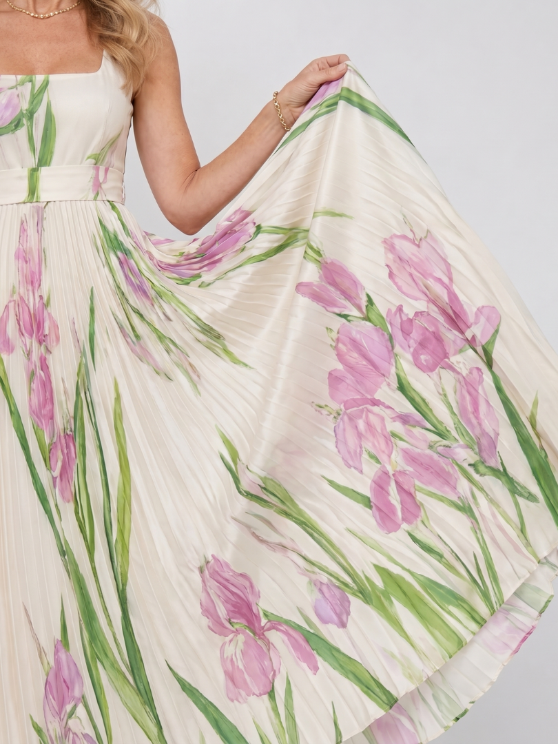 Women's Pleated Sleeveless Square Neck Midi Dress – Elegant Summer Daywear