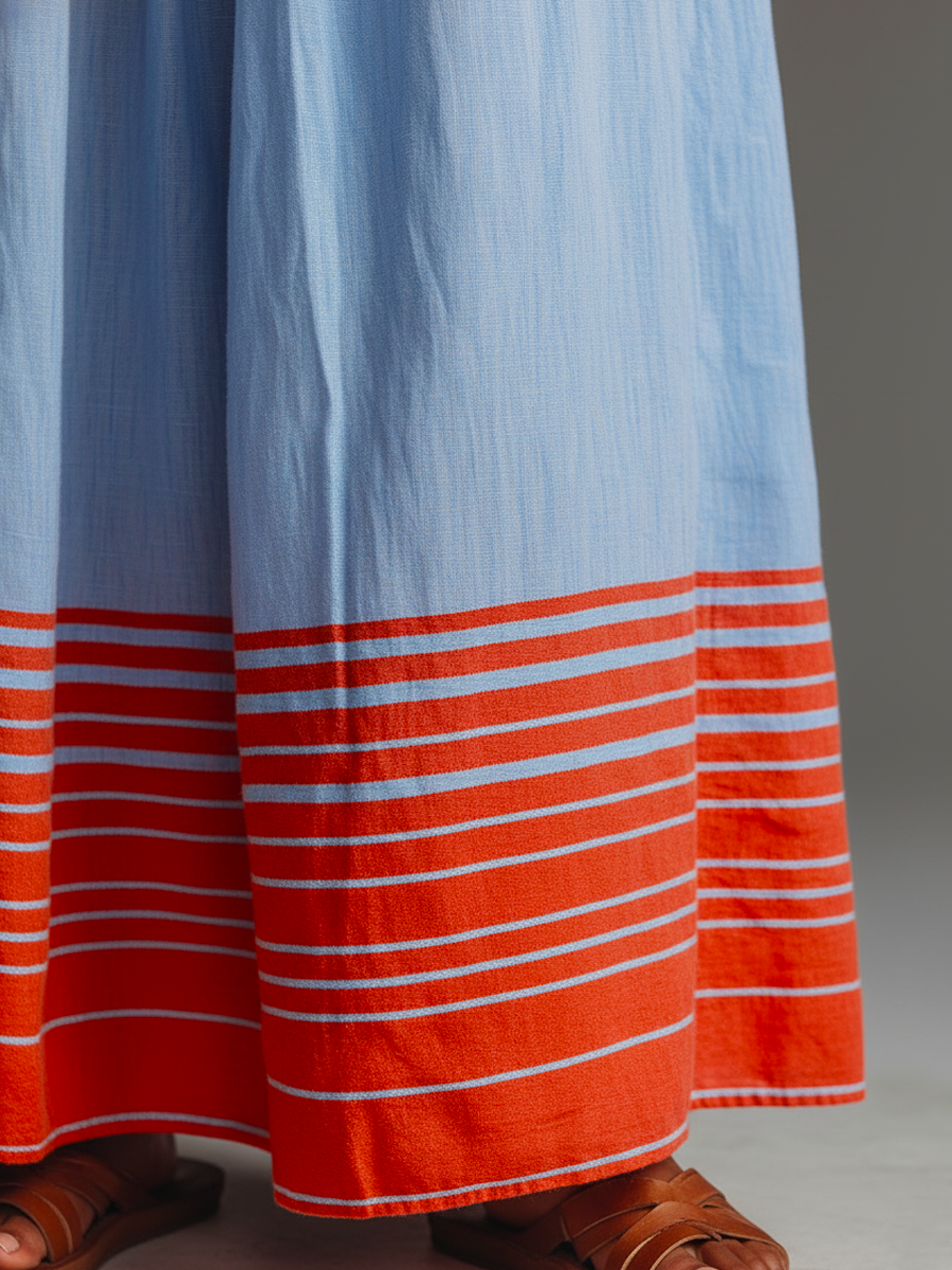 Women's Halter Maxi Dress with Striped Hem and Pockets – Relaxed Vacation Style