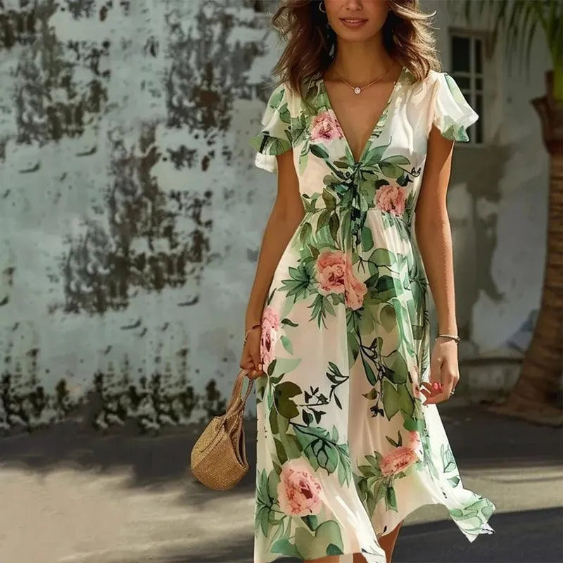 Women's Green Floral Midi Dress – Elegant Flowy Summer Occasion Dress