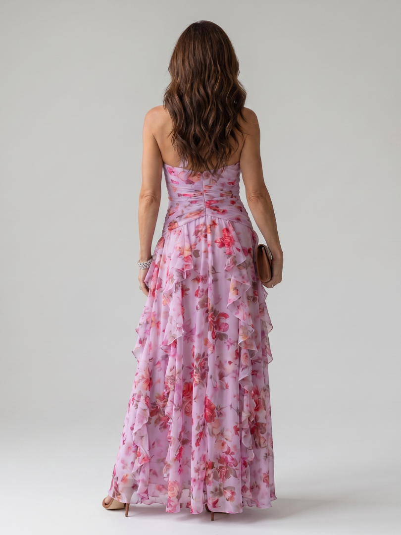 Women's Halter Neck Ruched Bodice Floral Maxi Dress - Elegant Occasion Flow