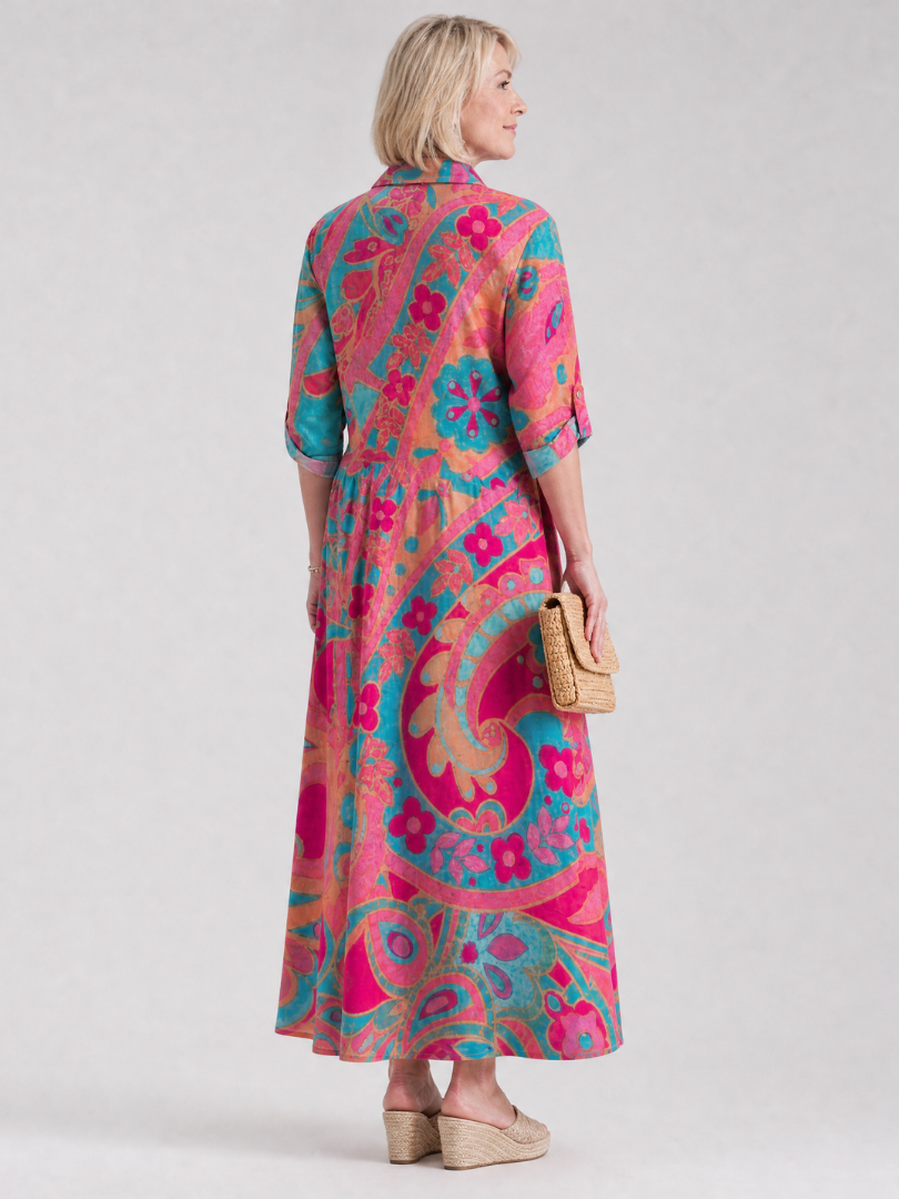 Women's Printed Button Front Collared Midi Dress – Casual Polished Daywear