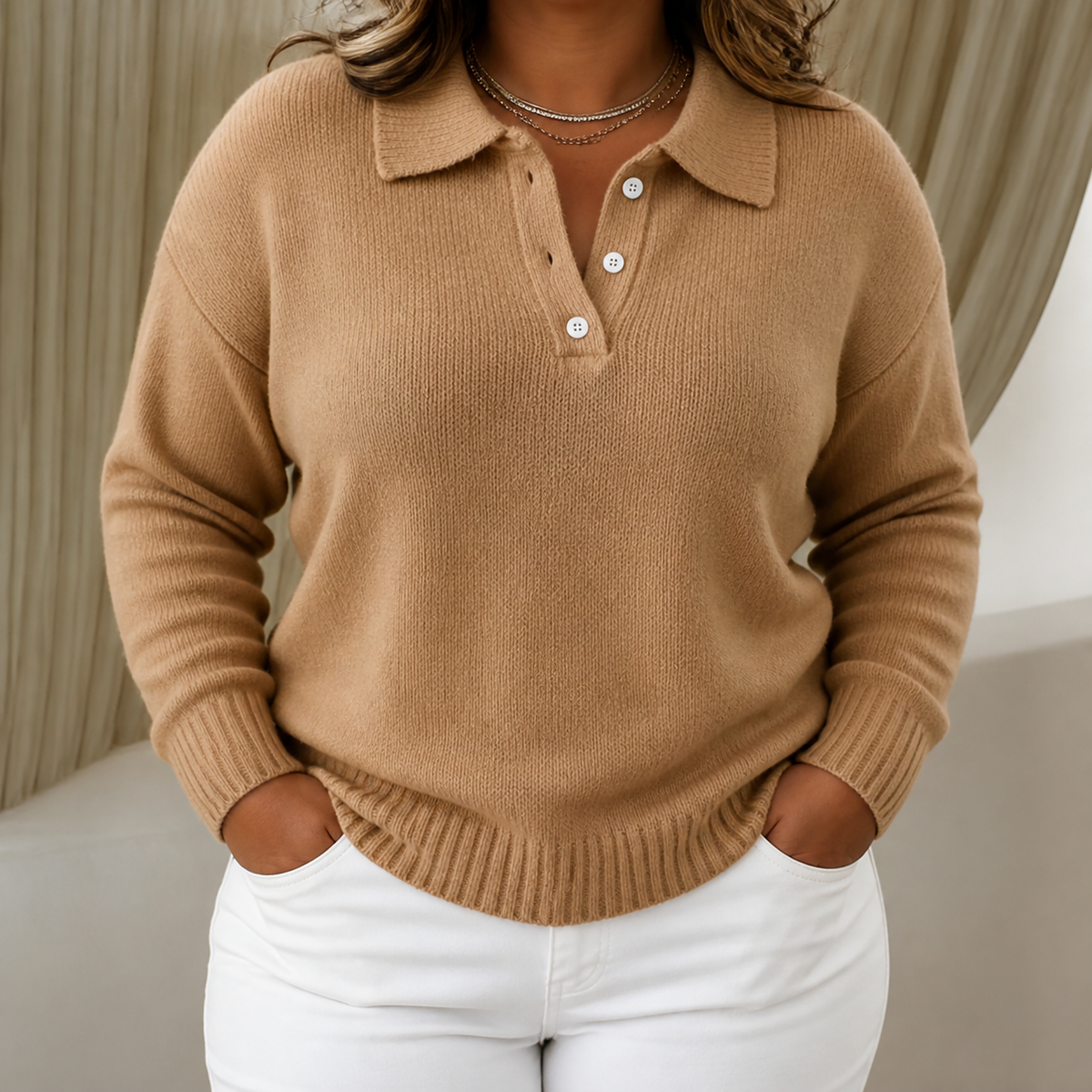 Polo-Collar Knit Sweater - Soft and Practical