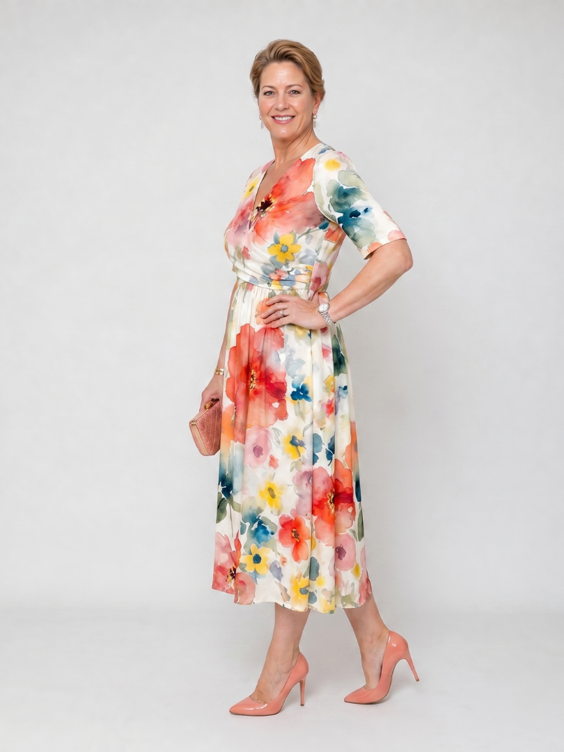 Women's Floral V-Neck Midi Dress – Short Sleeve Everyday Elegance