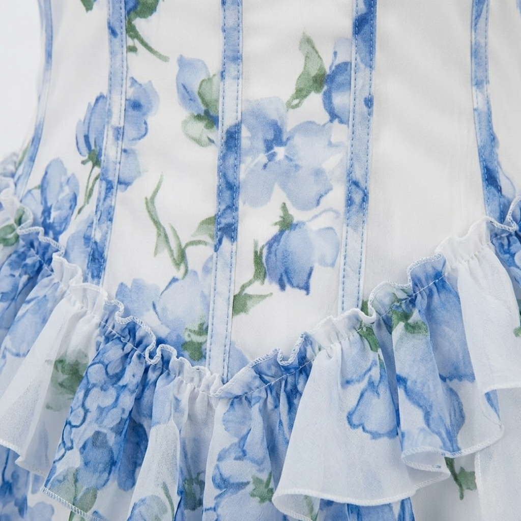 Women's Floral Corset Maxi Dress – Ruffle Trim Strap Summer Dress