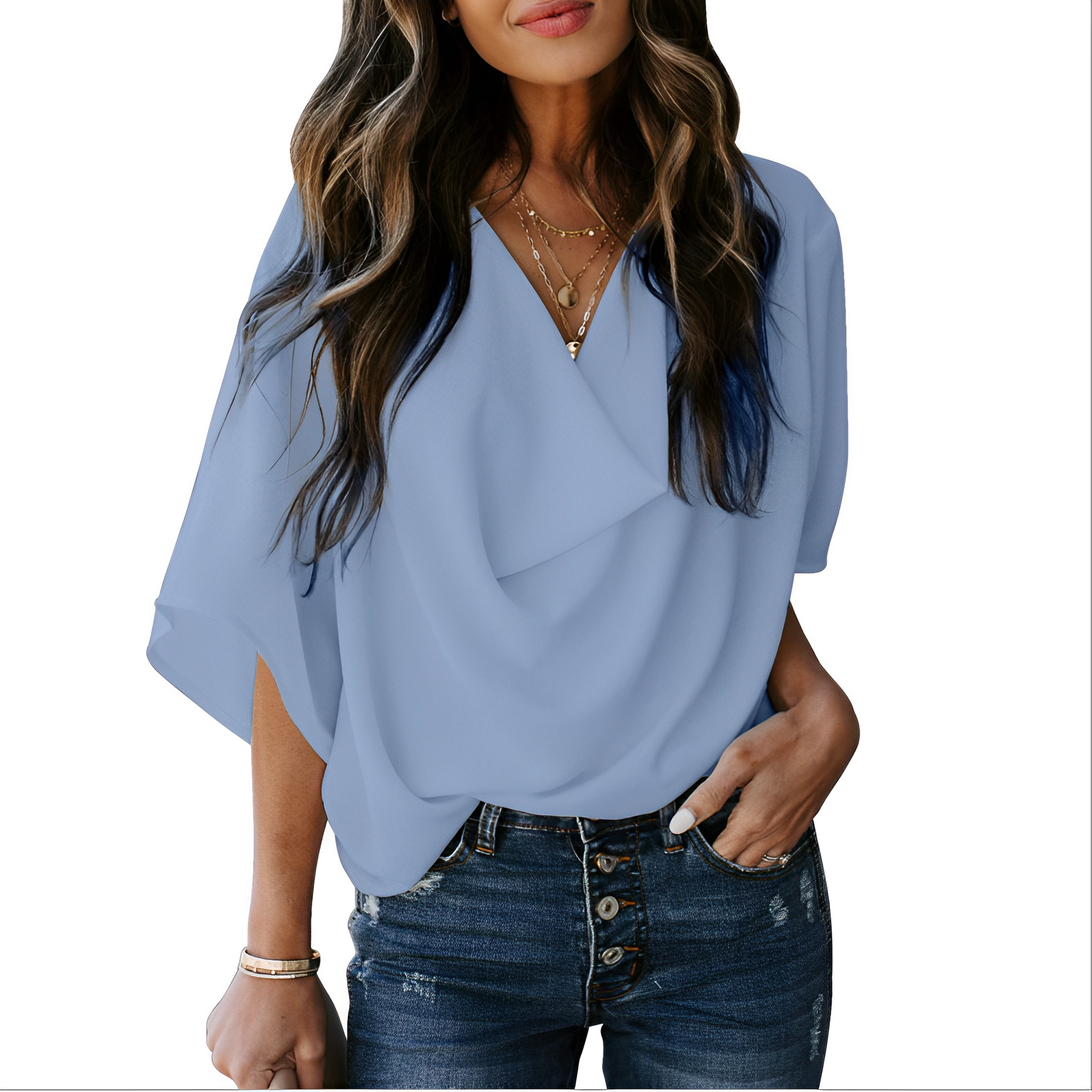 Women's Relaxed V-Neck Blouse - Easy Everyday Lightweight Top