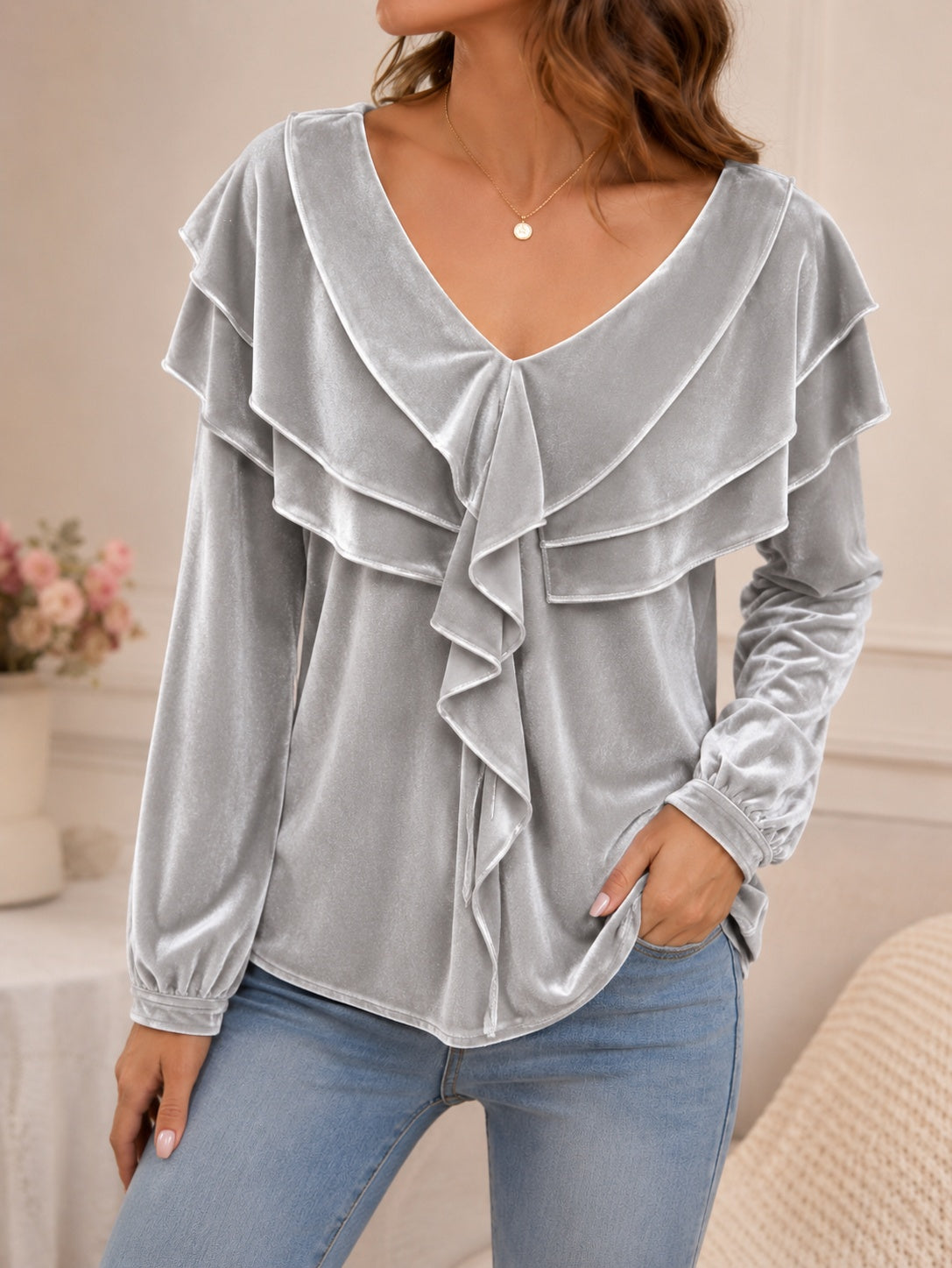 Women’s Velvet V-Neck Ruffled Top – Elegant Chic Feminine Style