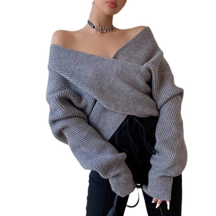 Cross V-Neck Off-Shoulder Knit Pullover - Soft and Feminine