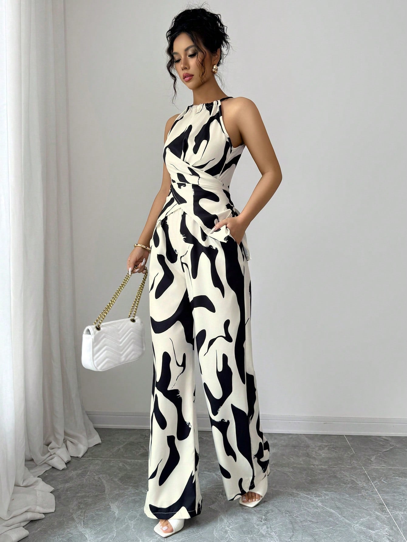 Women's Halter Jumpsuit - Black and White Printed Summer One-Piece