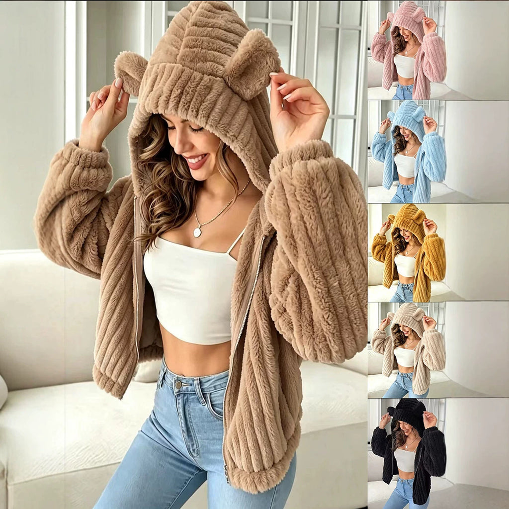 Women’s Teddy Bear Ear Hooded Plush Coat – Cozy Cute Warm Winter Style