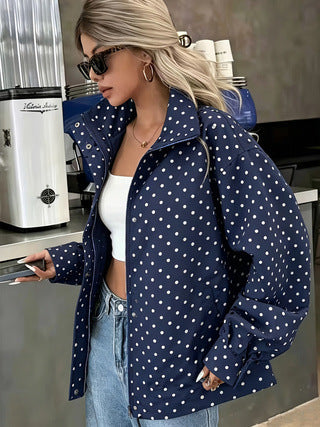 Women’s Polka Dot Printed Woven Jacket – Relaxed-Fit Stylish Short Coat