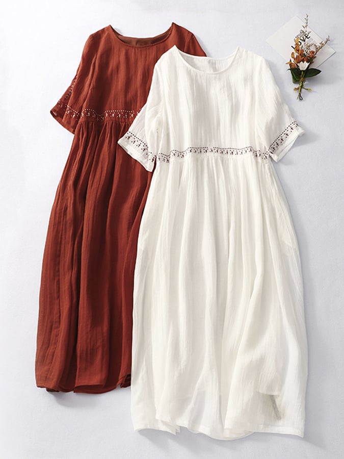 Women’s Embroidered Linen Maxi Dress – Casual White Summer Beachwear