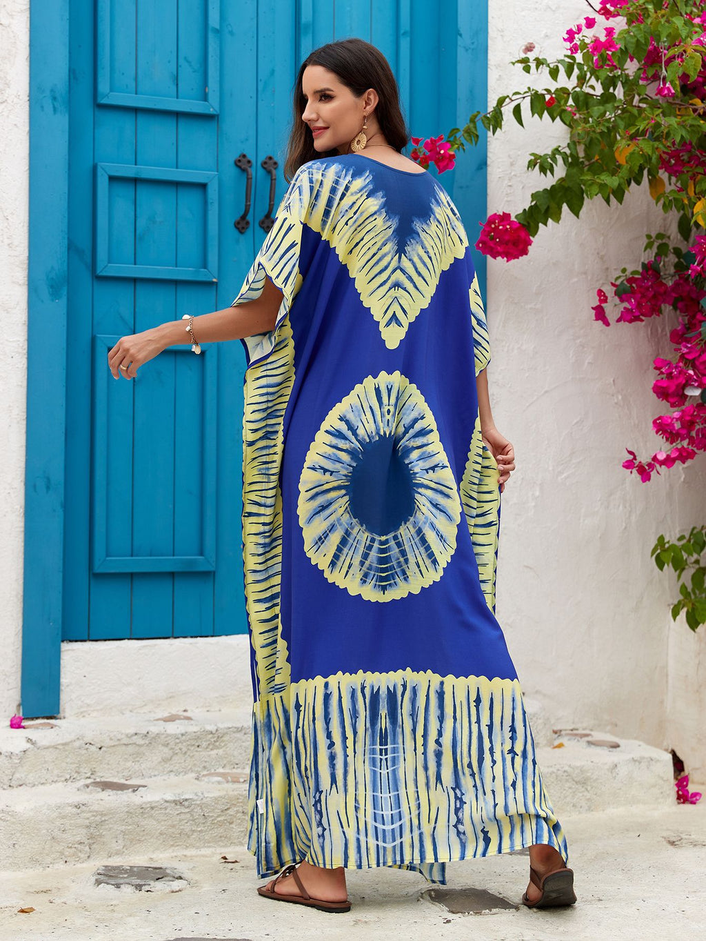 Women's Printed V-Neck Maxi Holiday Dress - Relaxed One Size Daywear
