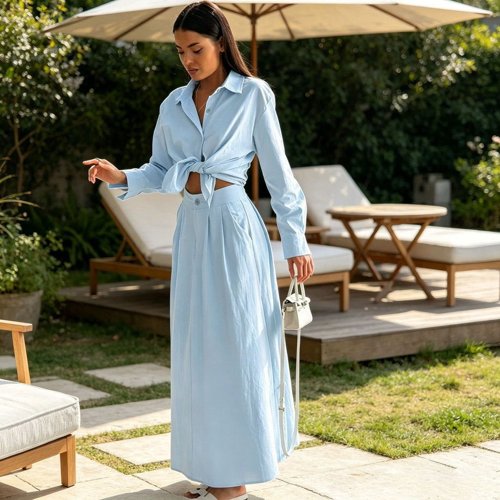 Women's Long Sleeve Blouse and Skirt Set - Elegant Matching Two-Piece Outfit