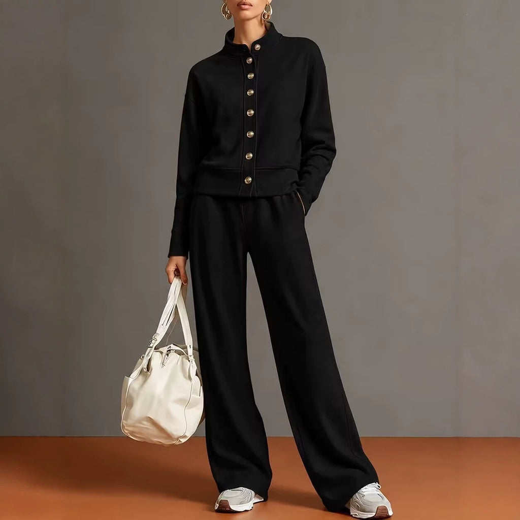 Stand-Collar Cardigan and Wide-Leg Pants Set - Polished and Comfortable
