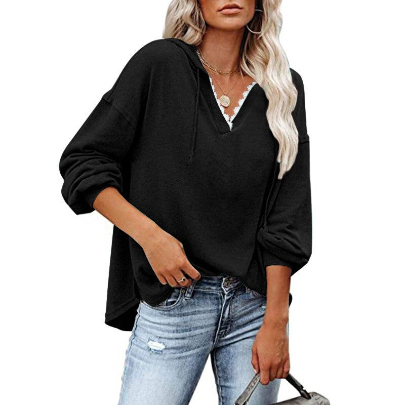 Women's Hooded Lace Sweatshirt - V-Neck Long Sleeve Casual Pullover