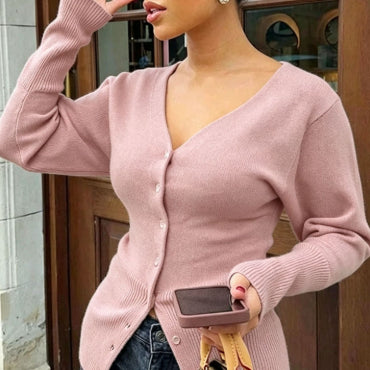 Slim-Fit V-Neck Knit Top - Soft and Shaped