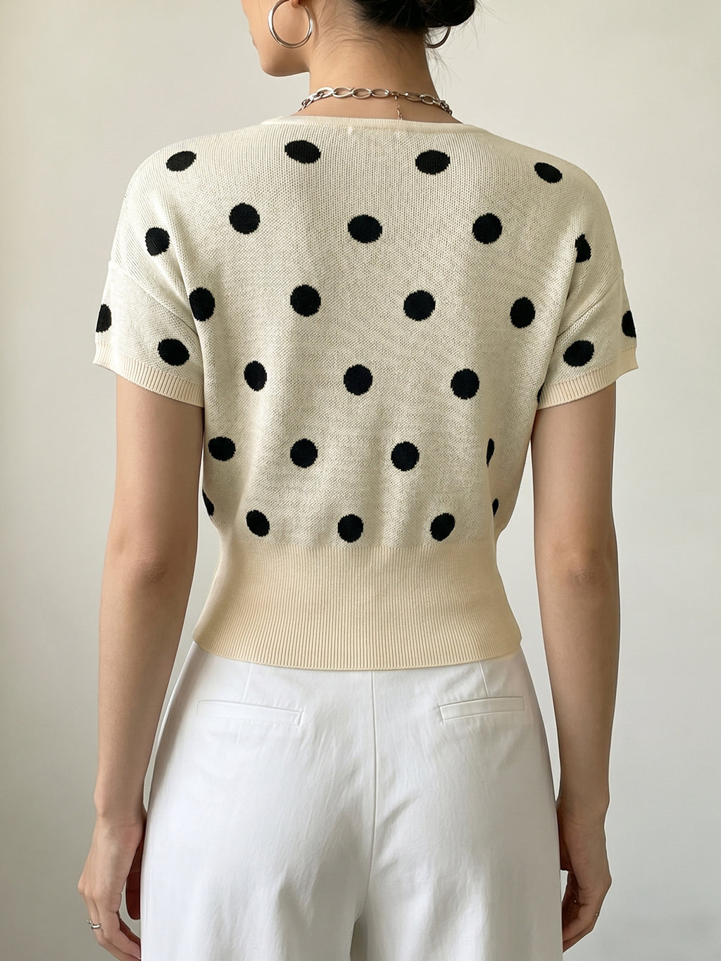 Polka-Dot V-Neck Knit Top - Light and Feminine