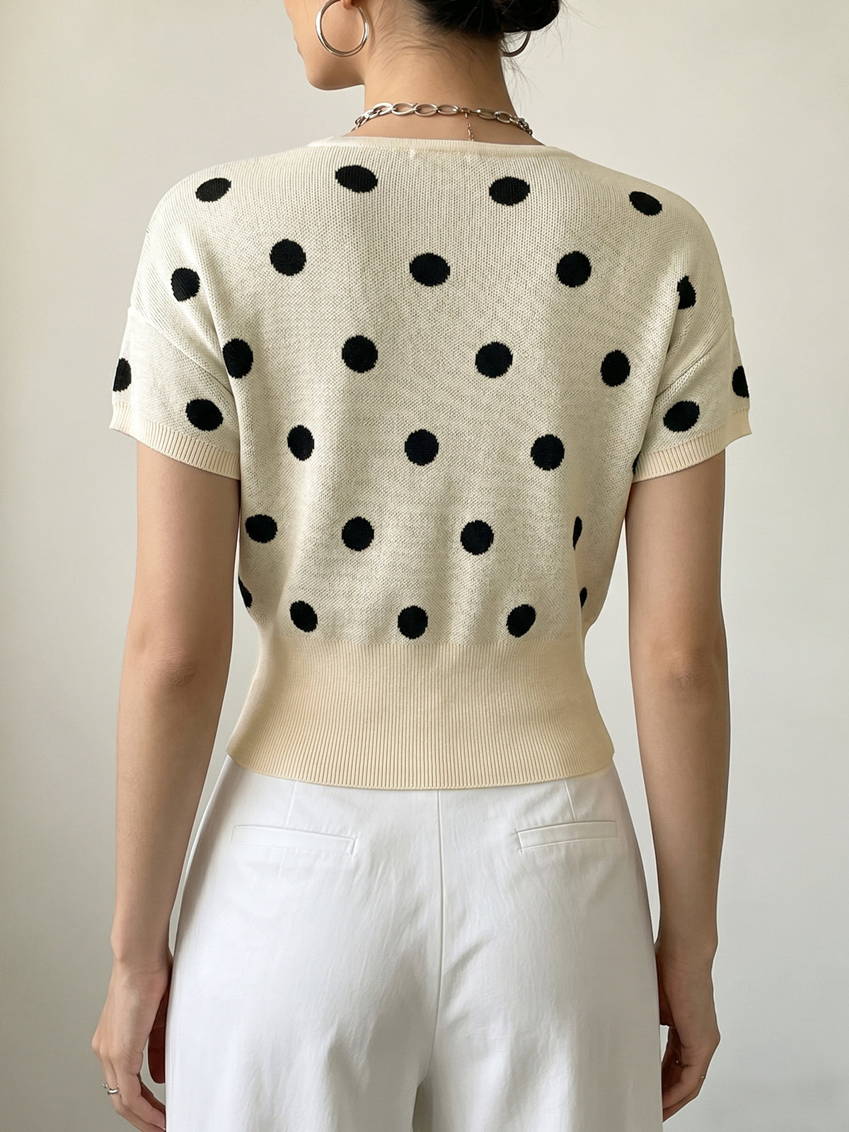 Polka-Dot V-Neck Knit Top - Light and Feminine