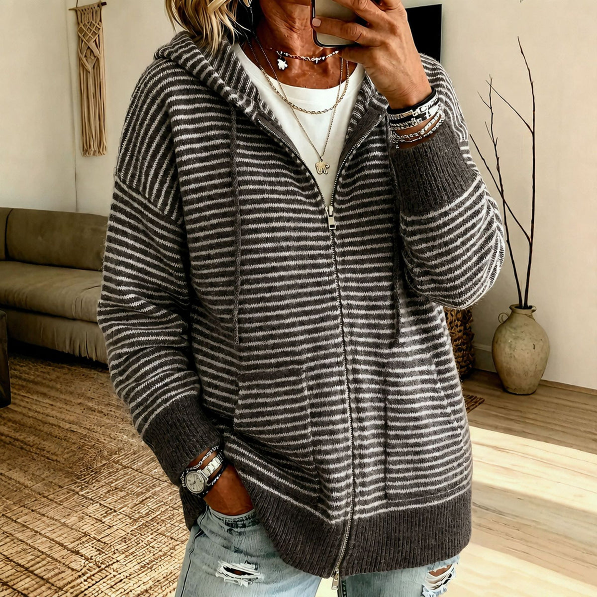 Striped Hooded Knit Cardigan - Cozy and Casual
