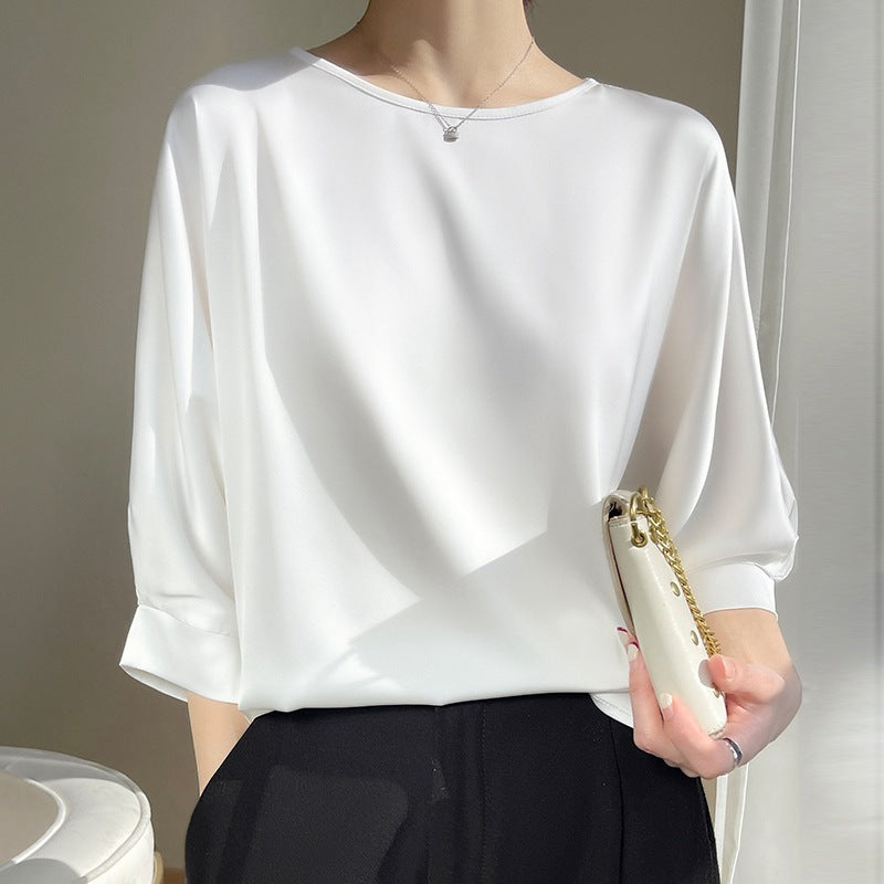 Women's Satin Ice Silk Short Sleeve Blouse – Lightweight Round Neck Top
