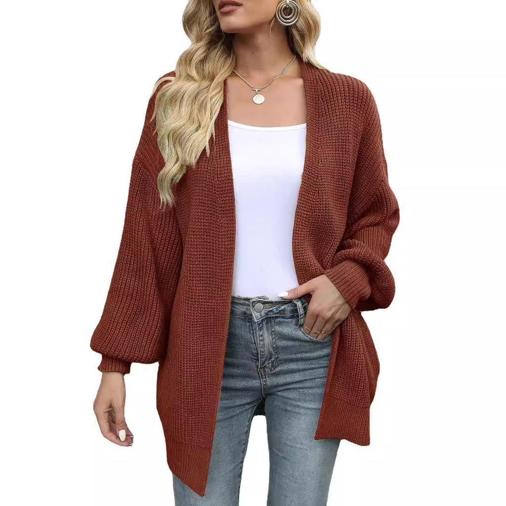 Women’s Chunky Knit Cardigan Coat – Lantern Sleeve Cozy Oversized Style